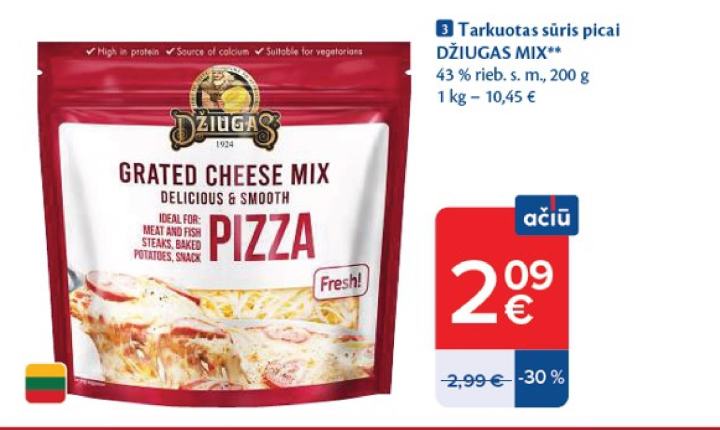 Tarkuotas sūris picai DŽIUGAS MIX, 200 g