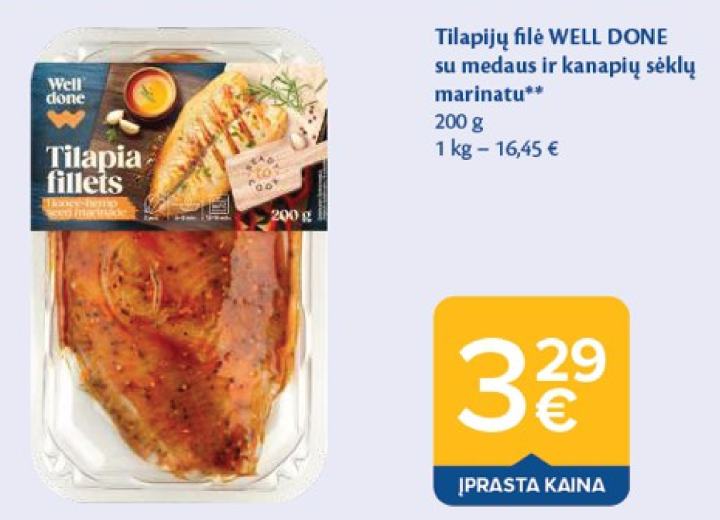 Tilapijų filė WELL DONE su medaus ir kanapių sėklų marinatu, 200 g