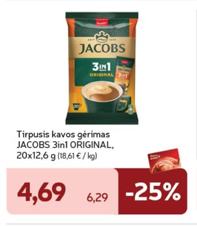 Tirpusis kavos gėrimas JACOBS 3in1 ORIGINAL, 20 x 12.6 g