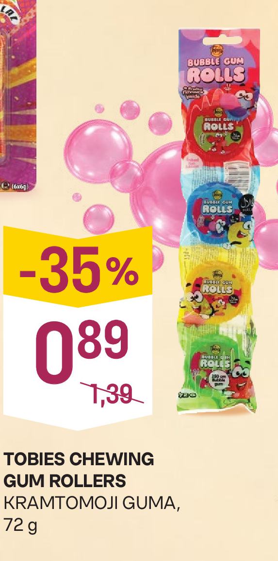 TOBIES CHEWING GUM ROLLERS, 72 g