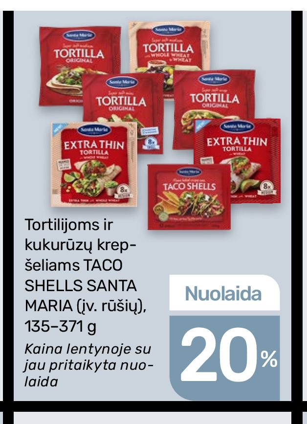 Tortilijoms ir kukurūzų krepšeliams TACO SHELLS SANTA MARIA, 371 g
