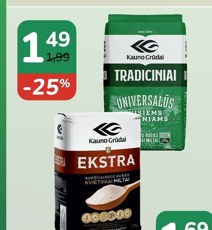 Tradiciniai kvietiniai miltai KAUNO GRŪDAI 550C, 1.75 kg