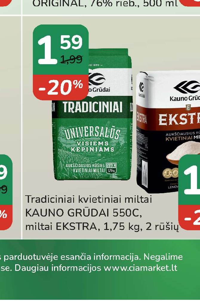 Tradiciniai kvietiniai miltai KAUNO GRŪDAI 550C, miltai EKSTRA, 1.75 kg