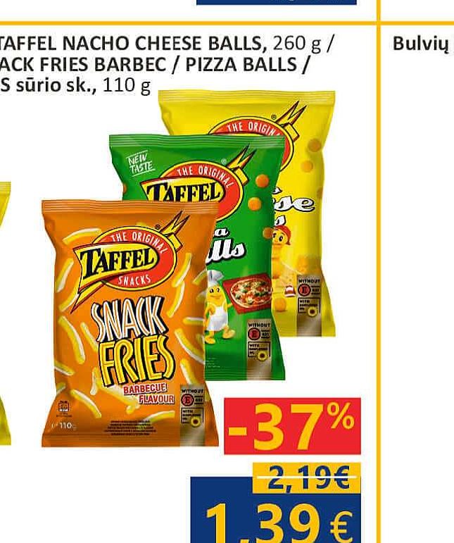 Traškučiai TAFFEL SNACK FRIES BARBEC / PIZZA BALLS / NACHO CHEESE BALLS sūrio sk., 110 g