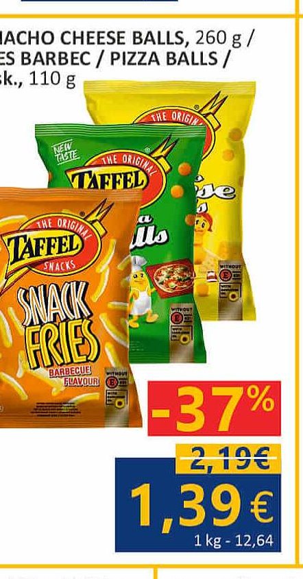 Traškučiai TAFFEL SNACK FRIES BARBECUE / PIZZA BALLS / NACHO CHEESE BALLS sūrio sk., 110 g