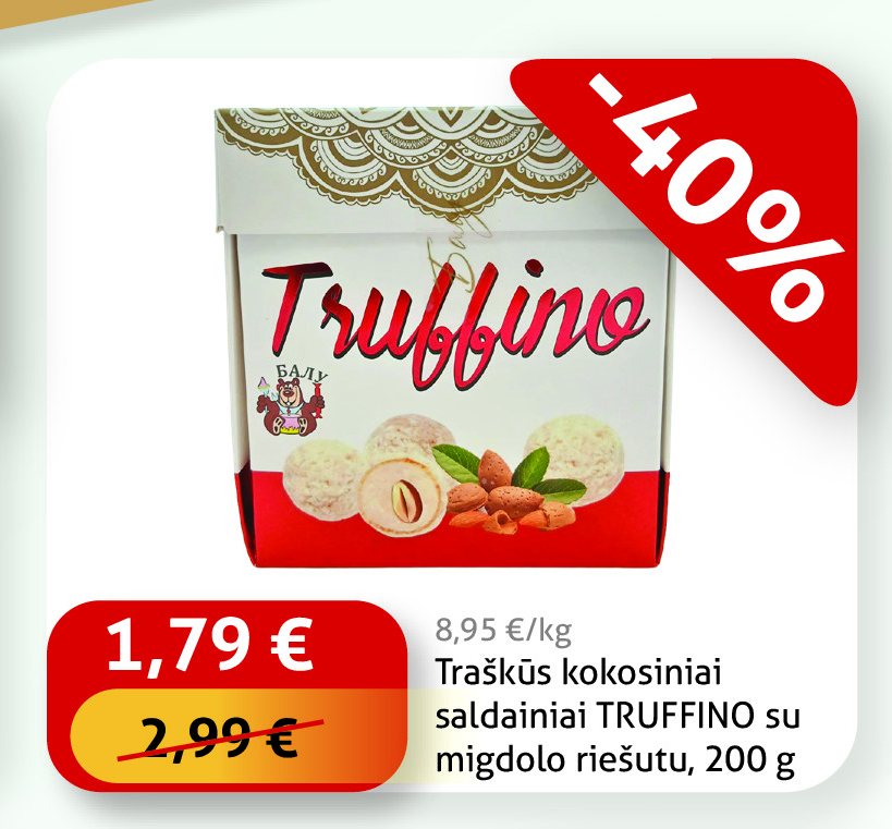 Traškūs kokosiniai saldainiai TRUFFINO su migdolo riešutu, 200 g