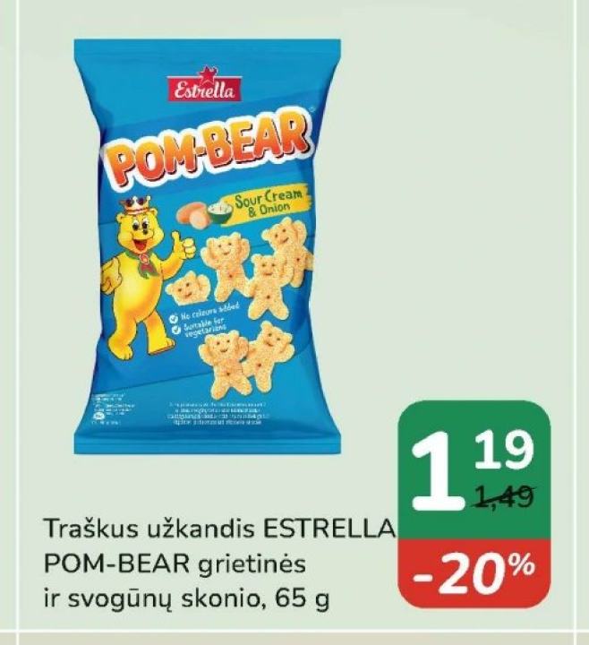 Traškus užkandis ESTRELLA POM-BEAR grietinės ir svogūnų skonio, 65 g