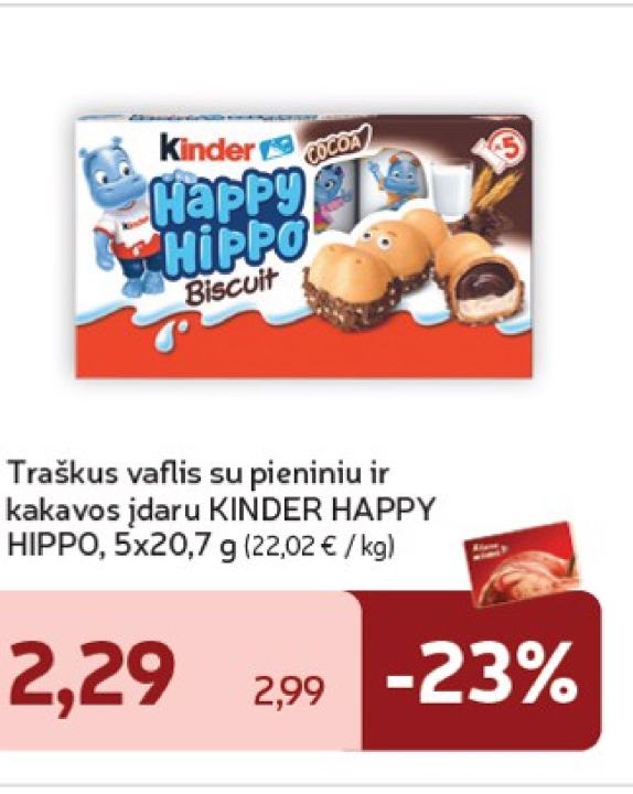Traškus vaflis su pieniniu ir kakavos įdaru KINDER HAPPY HIPPO, 5 x 20.7 g