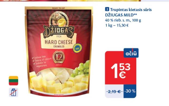 Trupintas kietasis sūris DŽIUGAS MILD, 100 g