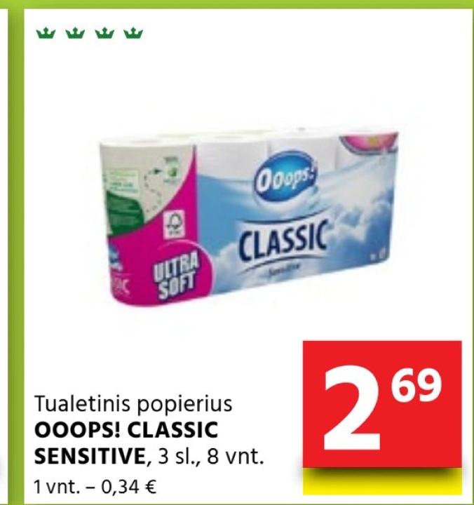 Tualetinis popierius OOOPS! CLASSIC SENSITIVE, 8 vnt