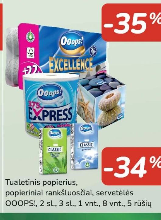 Tualetinis popierius, popieriniai rankšluosčiai, servetėlės OOOPS!, 1 vnt