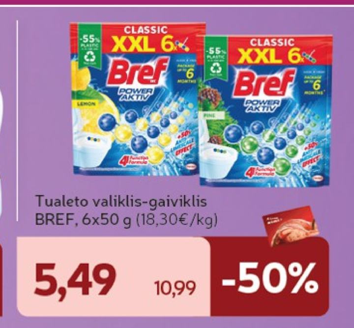 Tualeto valiklis-gaiviklis BREF, 6 x 50 g