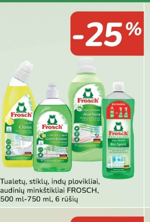 Tualetų, stiklų, indų plovikliai, audinių minkštikliai FROSCH, 500 ml-750 ml