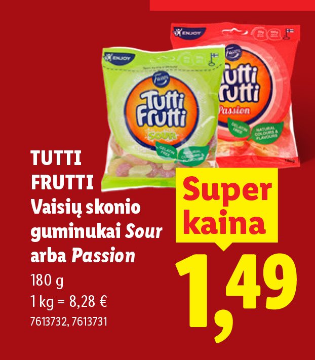 TUTTI FRUTTI Vaisių skonio guminukai Sour arba Passion, 180 g