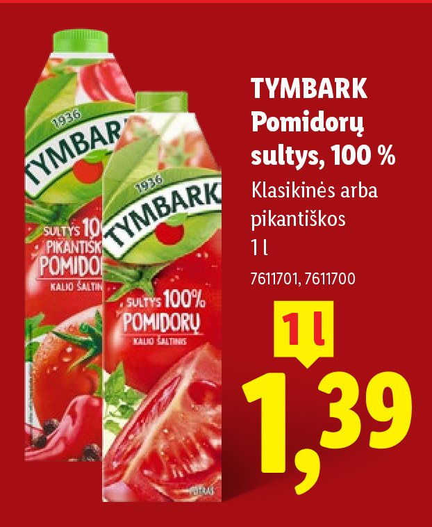 TYMBARK Pomidorų sultys, 100 %, 1 l