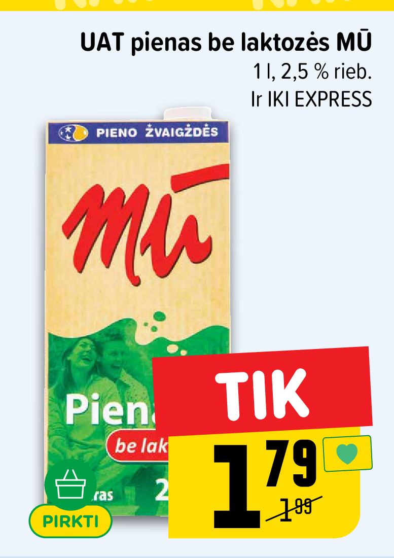 UAT pienas be laktozės MŪ, 1 l