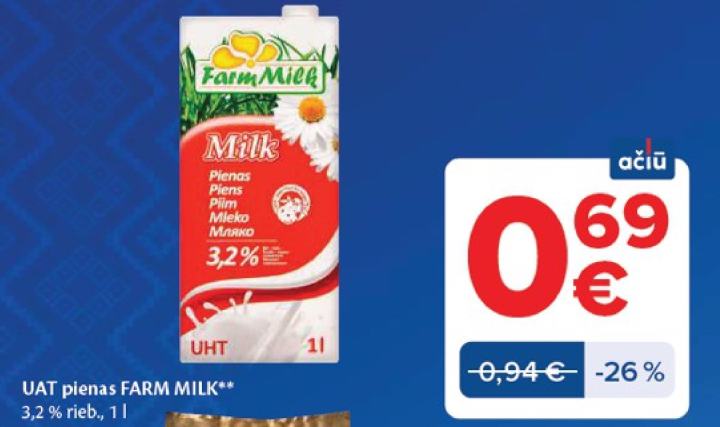 UAT pienas FARM MILK, 1 l