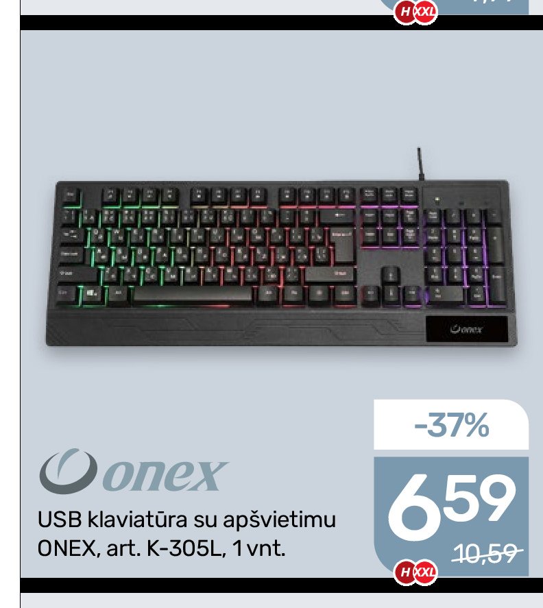 USB klaviatūra su apšvietimu ONEX, 305 l