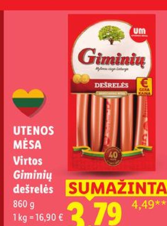 UTENOS MĖSA Virtos Giminių dešrelės, 860 g