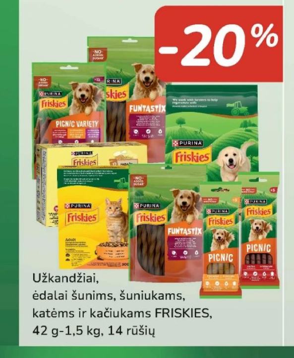 Užkandžiai, ėdalai šunims, šuniukams, katėms ir kačiukams FRISKIES, 42 g-1.5 kg
