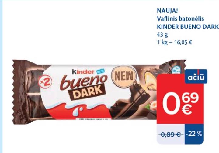 Vafinis batonėlis KINDER BUENO DARK, 43 g