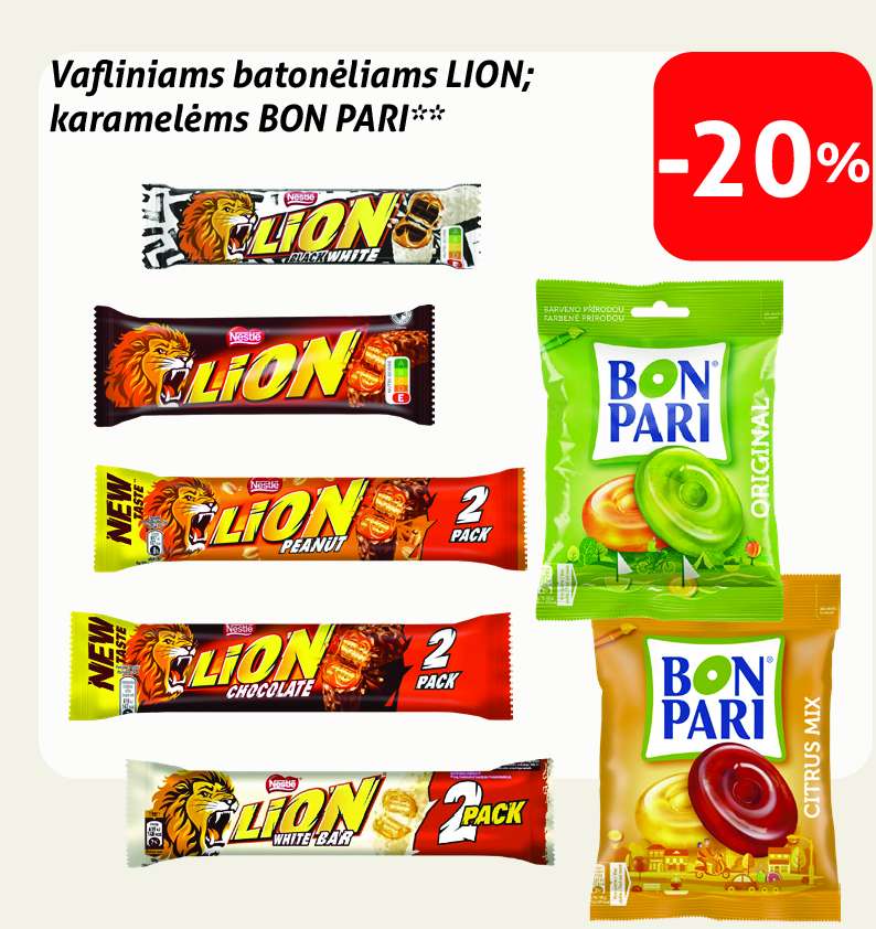 Vafliniams batonėliams LION:, karamelėms BON PARI