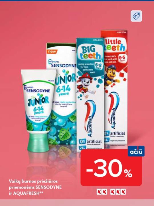 Vaikų burnos priežiūros priemonėms SENSODYNE ir AQUAFRESH