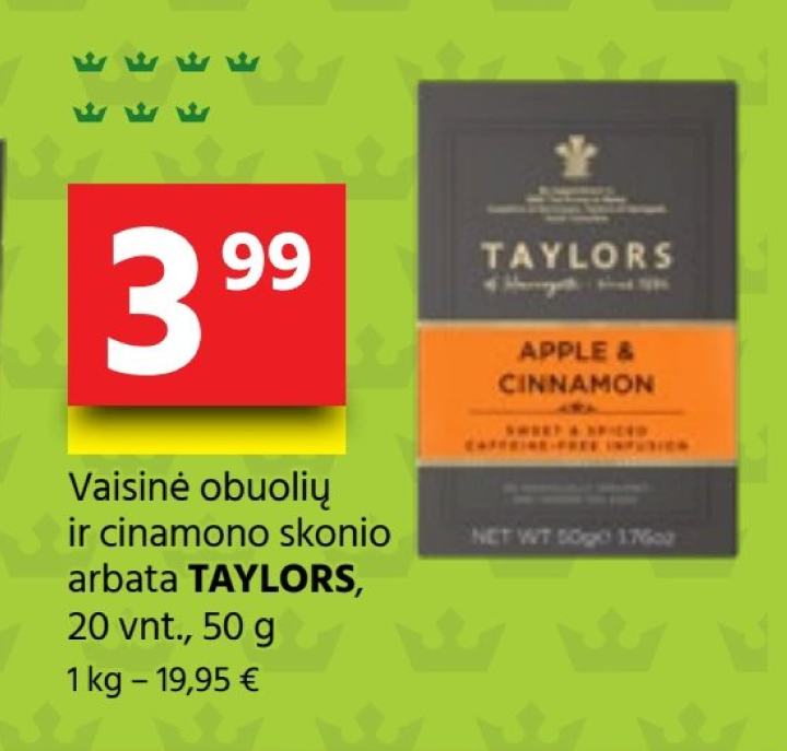 Vaisinė obuolių ir cinamono skonio arbata TAYLORS, 20 vnt