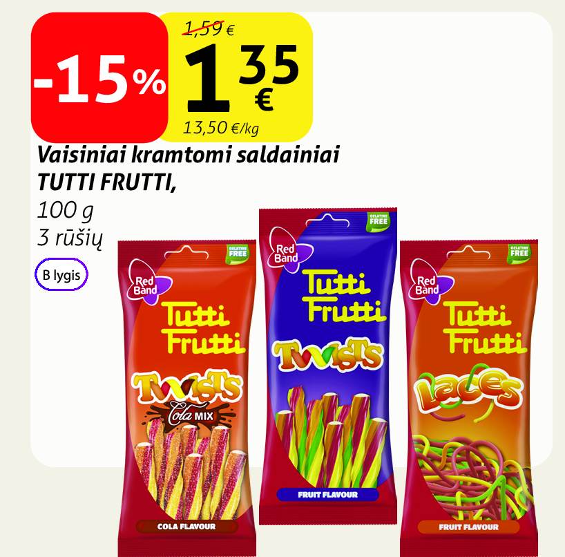Vaisiniai kramtomi saldainiai TUTTI FRUTTI, 100 g
