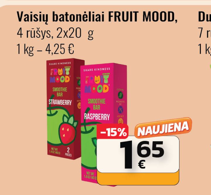 Vaisių batonėliai FRUIT MOOD, 2 x 20 g
