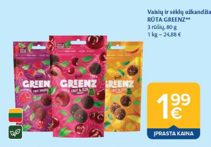 Vaisių ir sėklų užkandžiai RŪTA GREENZ, 80 g