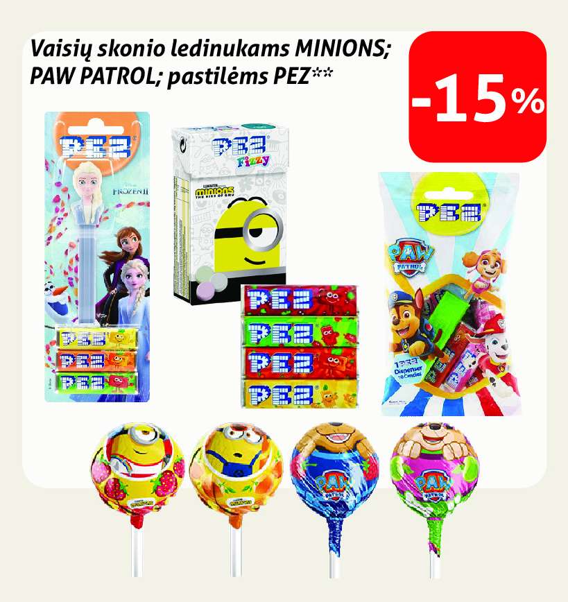 Vaisių skonio ledinukams MINIONS; PAW PATROL; pastilėms PEZ