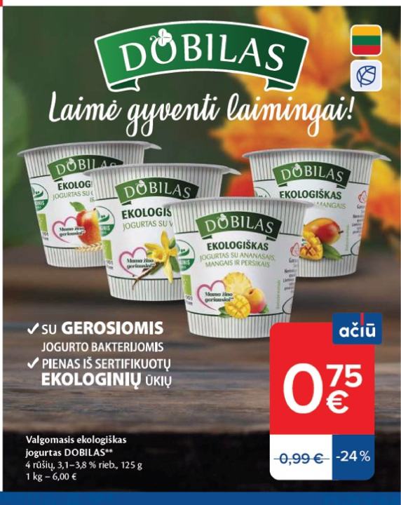 Valgomasis ekologiškas jogurtas DOBILAS, 125 g