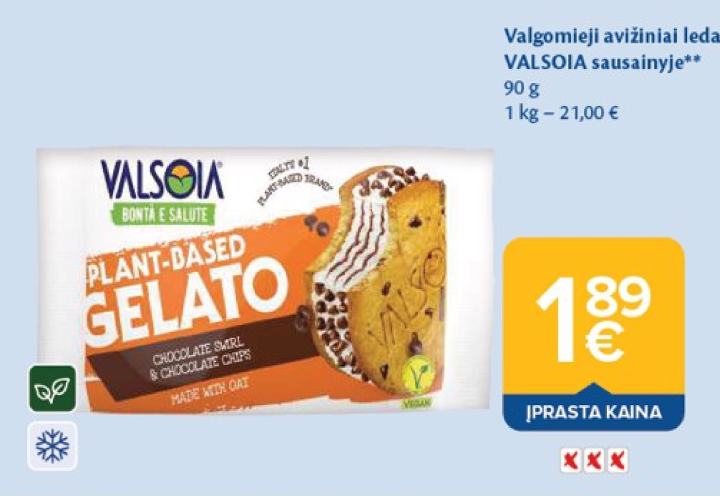 Valgomieji avižiniai ledai VALSOIA sausainyje, 90 g