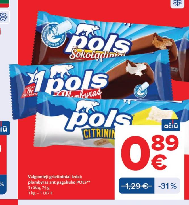 Valgomieji grietininiai ledai; plombyras ant pagaliuko POLS, 75 g