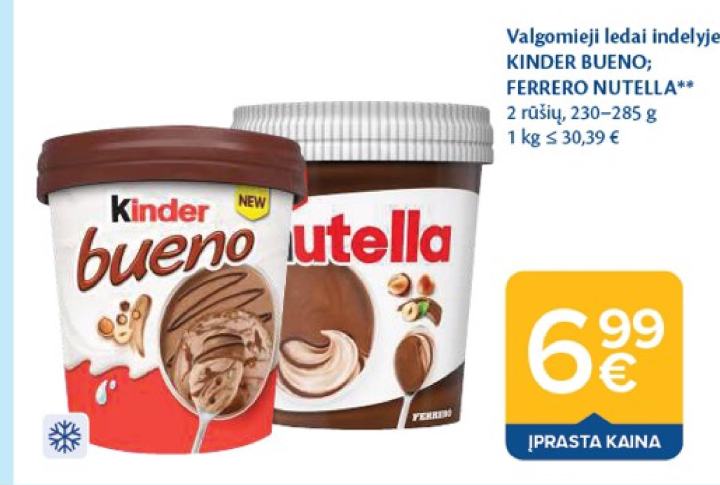 Valgomieji ledai indelyje KINDER BUENO; FERRERO NUTELLA, 285 g
