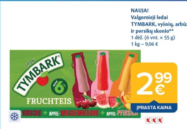 Valgomieji ledai TYMBARK, vyšnių, arbūzų ir persikų skonio, 55 g