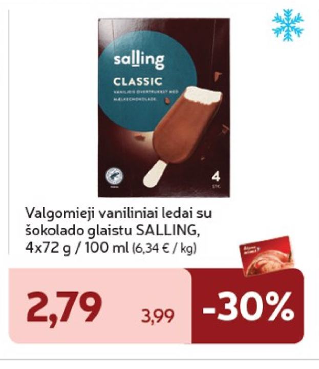 Valgomieji vaniliniai ledai su šokolado glaistu SALLING, 4 x 72 g