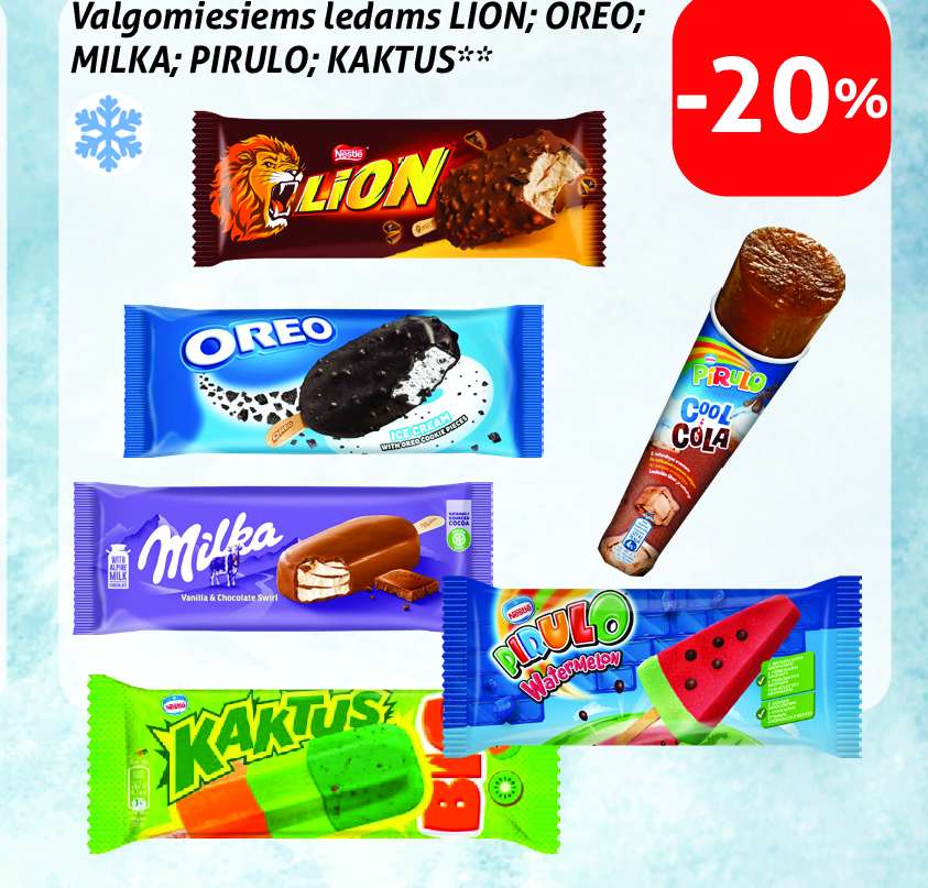 Valgomiesiems ledams LION; OREO; MILKA; PIRULO; KAKTUS