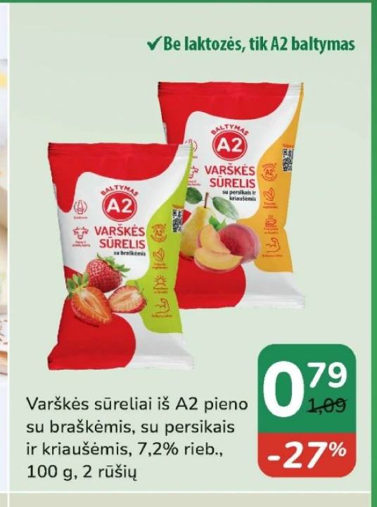 Varškės sūreliai iš A2 pieno su braškėmis, 100 g