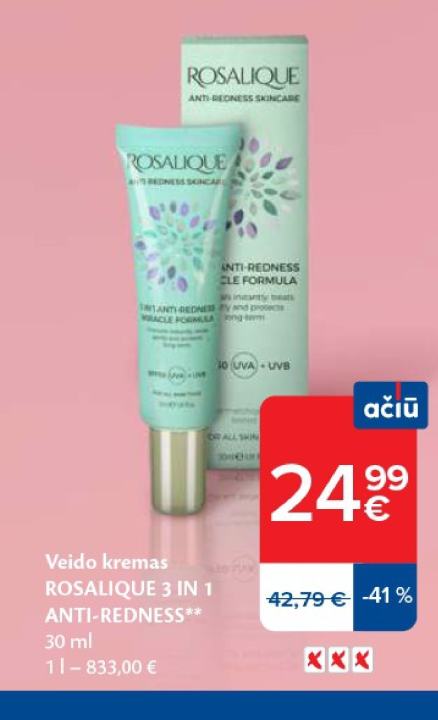 Veido kremas ROSALIQUE 3 IN 1 ANTI-REDNESS, 30 ml