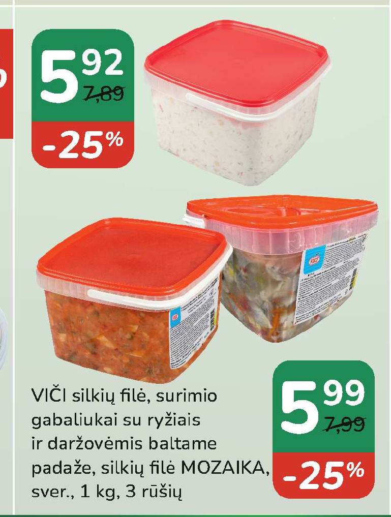 VIČI silkių filė, surimio gabaliukai su ryžiais ir daržovėmis baltame padaže, silkių filė MOZAIKA, 1 kg