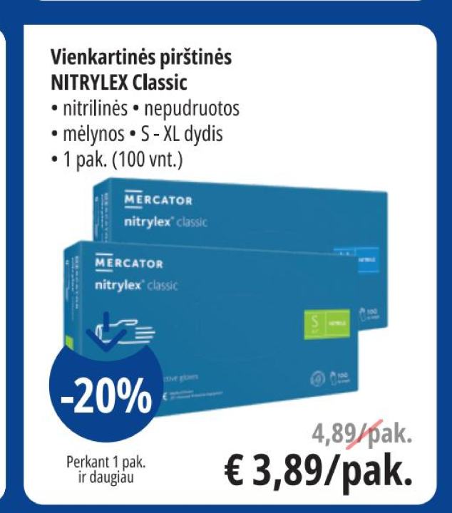 Vienkartinės pirštinės NITRYLEX Classic, 1 pak.