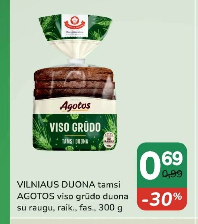 VILNIAUS DUONA tamsi AGOTOS viso grūdo duona, 300 g