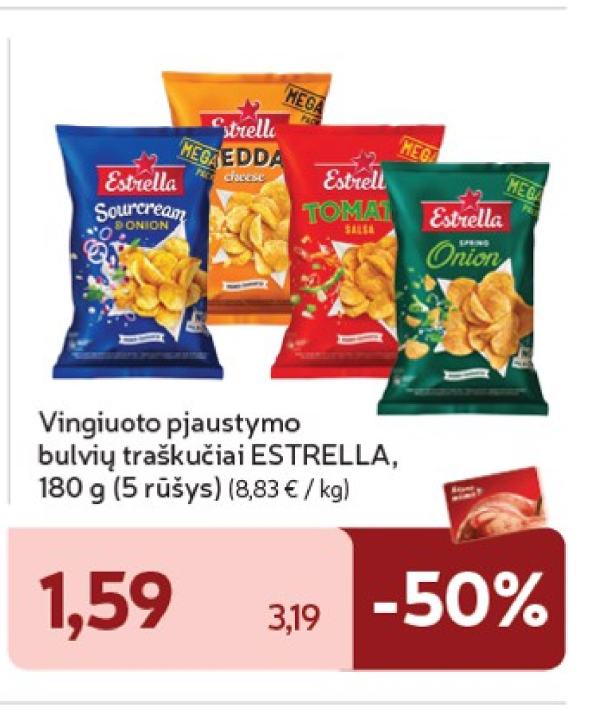 Vingiuoto pjaustymo bulvių traškučiai ESTRELLA, 180 g