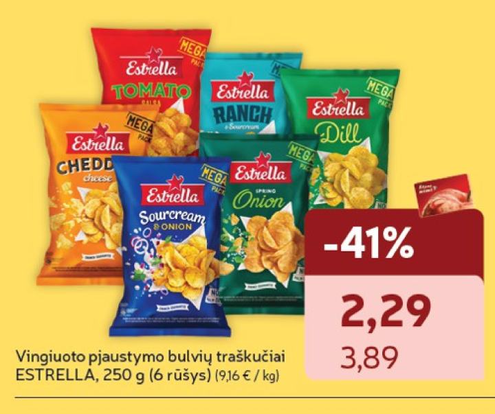 Vingiuoto pjaustymo bulvių traškučiai ESTRELLA, 250 g