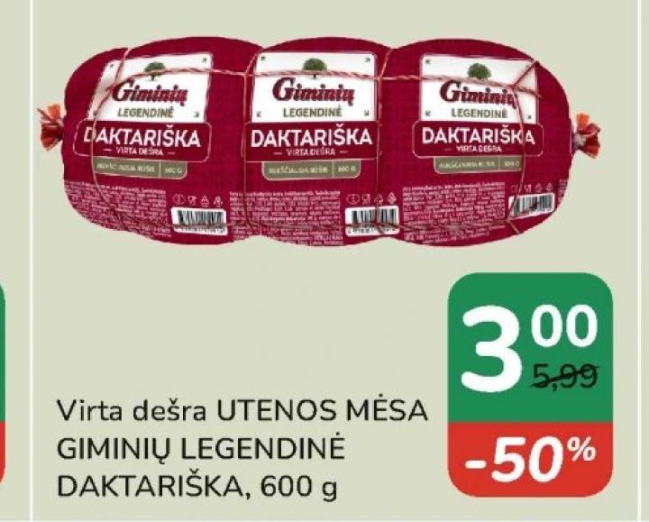 Virta dešra UTENOS MĖSA GIMINIŲ LEGENDINĖ DAKTARIŠKA, 600 g