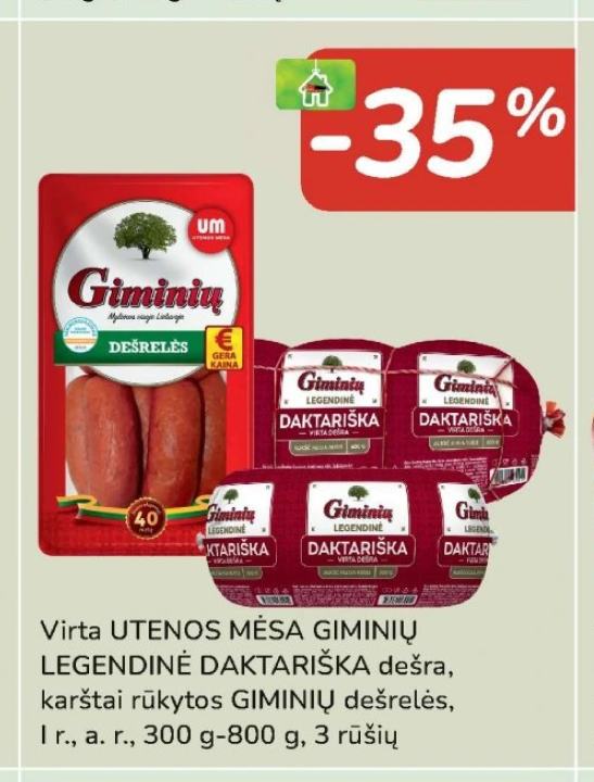 Virta UTENOS MĖSA GIMINIŲ LEGENDINĖ DAKTARIŠKA dešra, karštai rūkytos GIMINIŲ dešrelės, 300 g-800 g