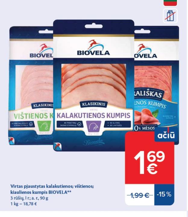 Virtas pjaustytas kalakutienos; vištienos; kiaulienos kumpis BIOVELA, 90 g