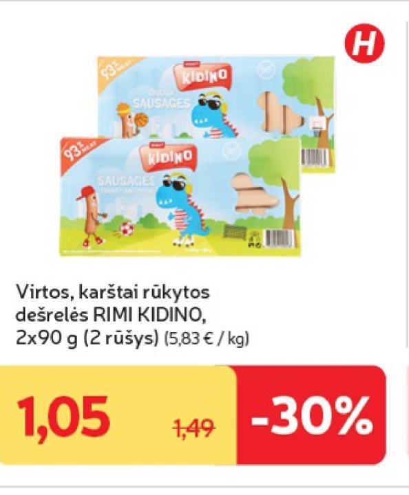 Virtos, karštai rūkytos dešrelės RIMI KIDINO, 2 x 90 g